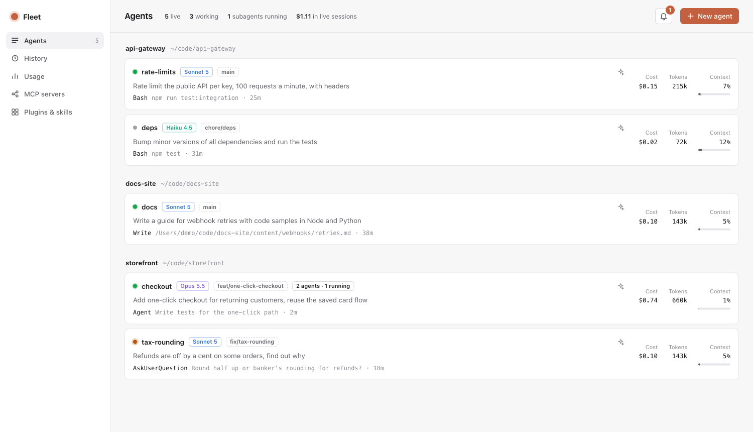 Fleet's Agents page: five sessions grouped under three repos